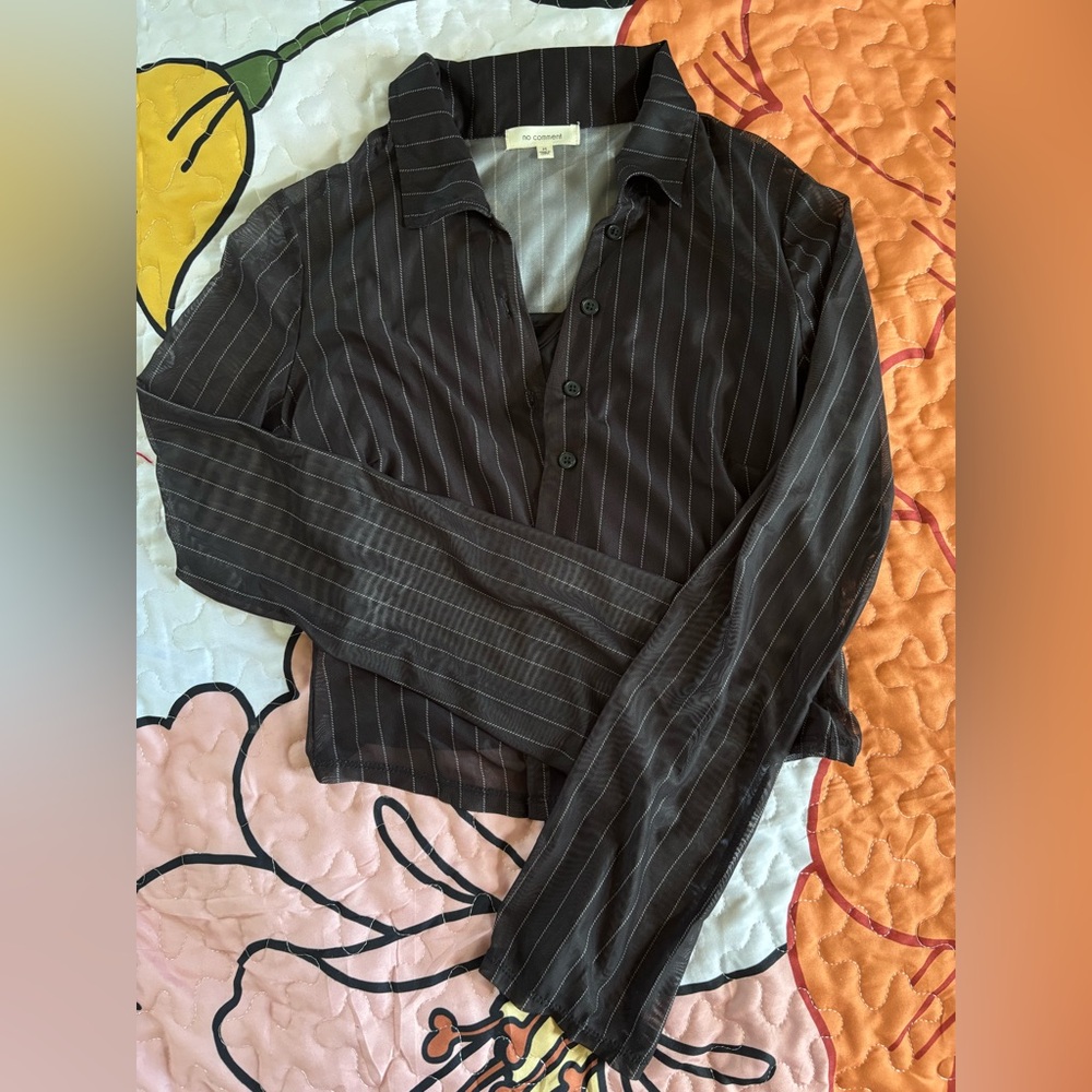Black Pinstripe Button-Up Blouse